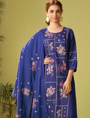 Women Floral Embroidered Thread Work Kurt Trousers & With Dupatta Kurta Sets 2