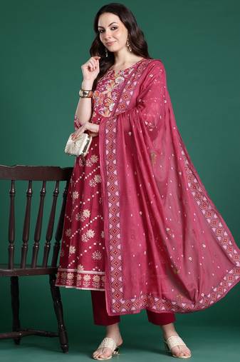 Floral Printed Pure Cotton Kurta with Trousers & Dupatta