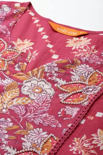 Floral Printed Pure Cotton Kurta with Trousers & Dupatta