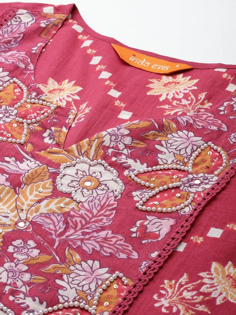 Floral Printed Pure Cotton Kurta with Trousers & Dupatta