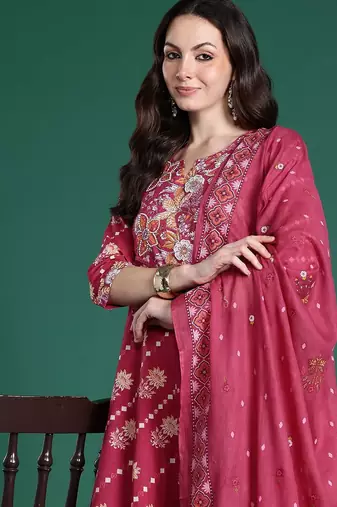 Floral Printed Pure Cotton Kurta with Trousers & Dupatta