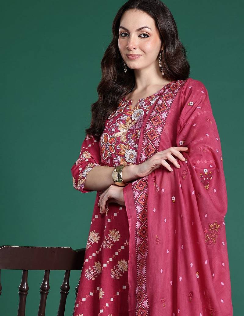 Floral Printed Pure Cotton Kurta with Trousers & Dupatta
