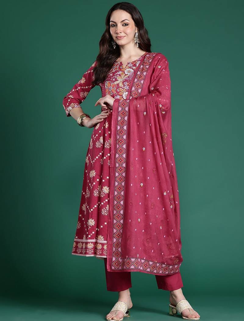 Floral Printed Pure Cotton Kurta with Trousers & Dupatta