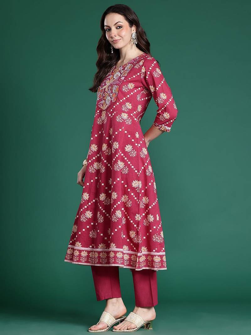 Floral Printed Pure Cotton Kurta with Trousers & Dupatta
