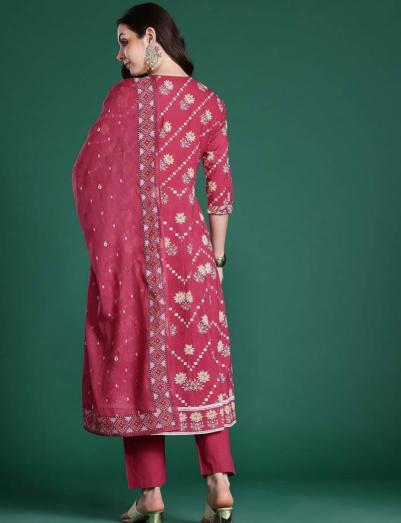 Floral Printed Pure Cotton Kurta with Trousers & Dupatta