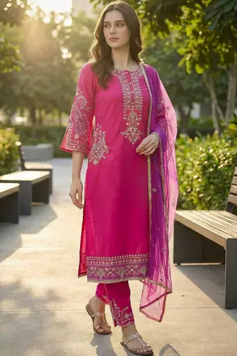 Women Ethnic Motifs Regular Kurta with Trousers & With Dupatta