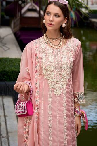 Floral Embroidered Sequinned Straight Kurta with Trouser & Dupatta