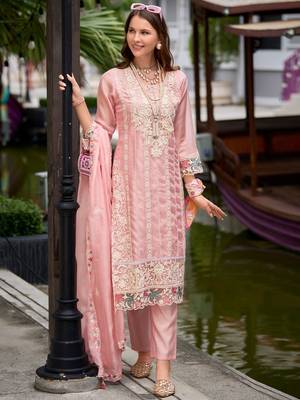 Floral Embroidered Sequinned Straight Kurta with Trouser & Dupatta 2