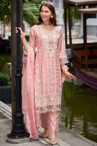 Floral Embroidered Sequinned Straight Kurta with Trouser & Dupatta