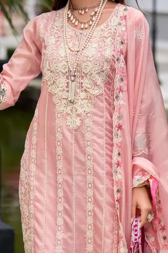 Floral Embroidered Sequinned Straight Kurta with Trouser & Dupatta