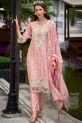 Floral Embroidered Sequinned Straight Kurta with Trouser & Dupatta