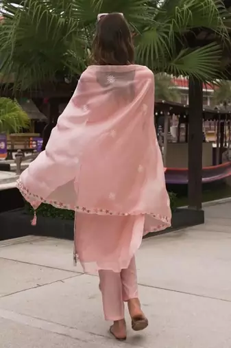 Floral Embroidered Sequinned Straight Kurta with Trouser & Dupatta