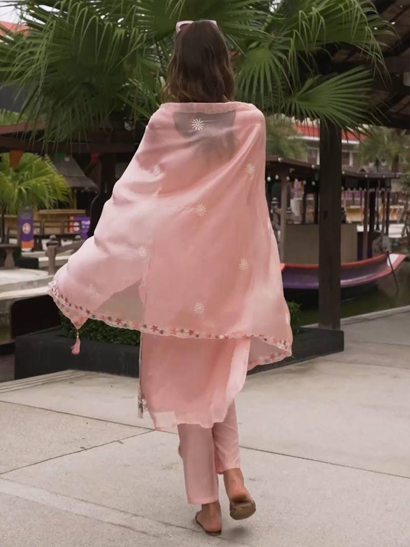 Floral Embroidered Sequinned Straight Kurta with Trouser & Dupatta
