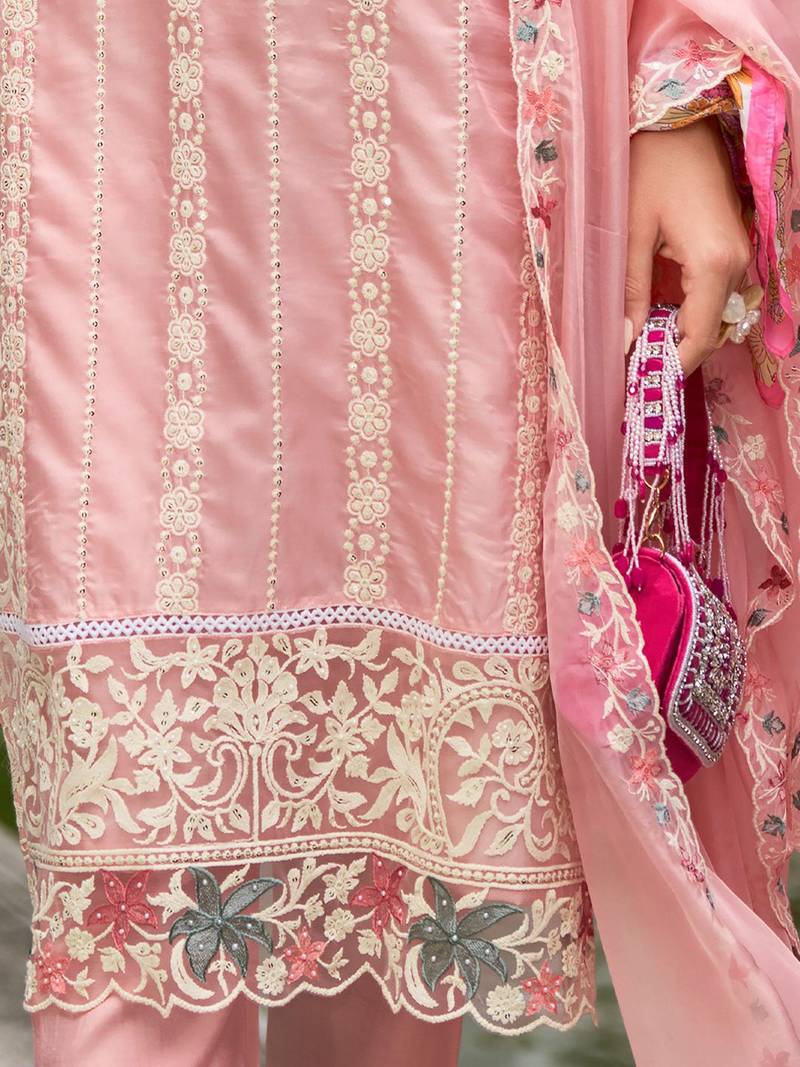 Floral Embroidered Sequinned Straight Kurta with Trouser & Dupatta