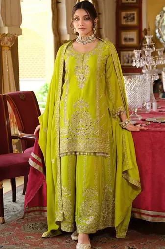Floral Embroidered Zari Kurta With Palazzos & Dupatta
