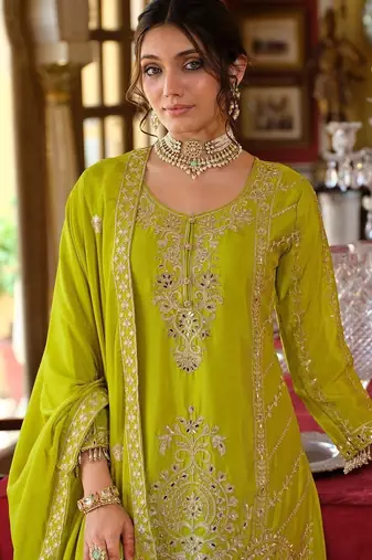 Floral Embroidered Zari Kurta With Palazzos & Dupatta