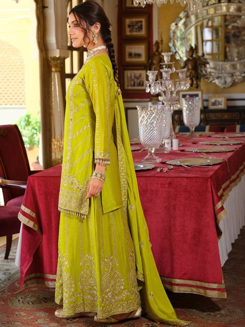 Floral Embroidered Zari Kurta With Palazzos & Dupatta