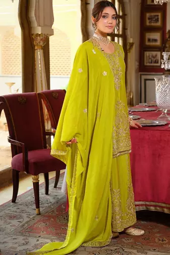 Floral Embroidered Zari Kurta With Palazzos & Dupatta