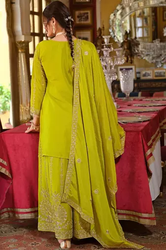 Floral Embroidered Zari Kurta With Palazzos & Dupatta