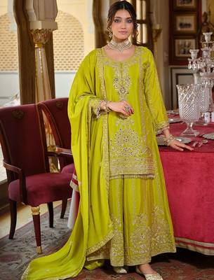 Floral Embroidered Zari Kurta With Palazzos & Dupatta 6