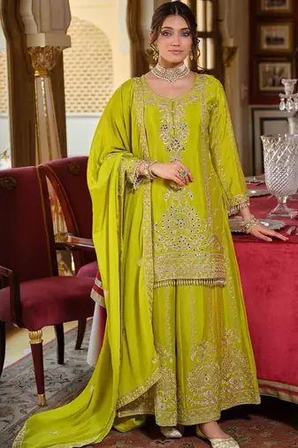Floral Embroidered Zari Kurta With Palazzos & Dupatta