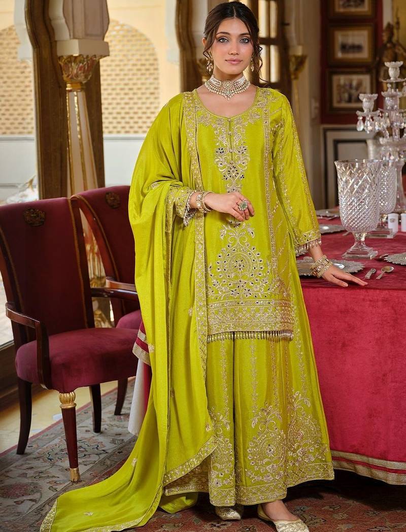 Floral Embroidered Zari Kurta With Palazzos & Dupatta