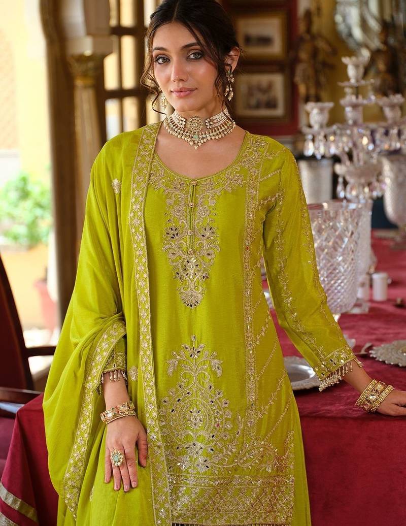 Floral Embroidered Zari Kurta With Palazzos & Dupatta