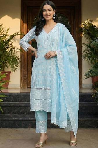 Women Ethnic Motifs Embroidered Regular Chikankari  Cotton Kurta with Trousers & With Dupatta