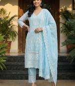 Women Ethnic Motifs Embroidered Regular Chikankari Pure Cotton Kurta with Trousers & With Dupatta