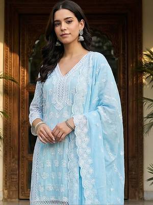 Women Ethnic Motifs Embroidered Regular Chikankari Pure Cotton Kurta with Trousers & With Dupatta 2
