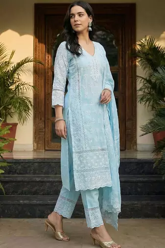 Women Ethnic Motifs Embroidered Regular Chikankari Pure Cotton Kurta with Trousers & With Dupatta