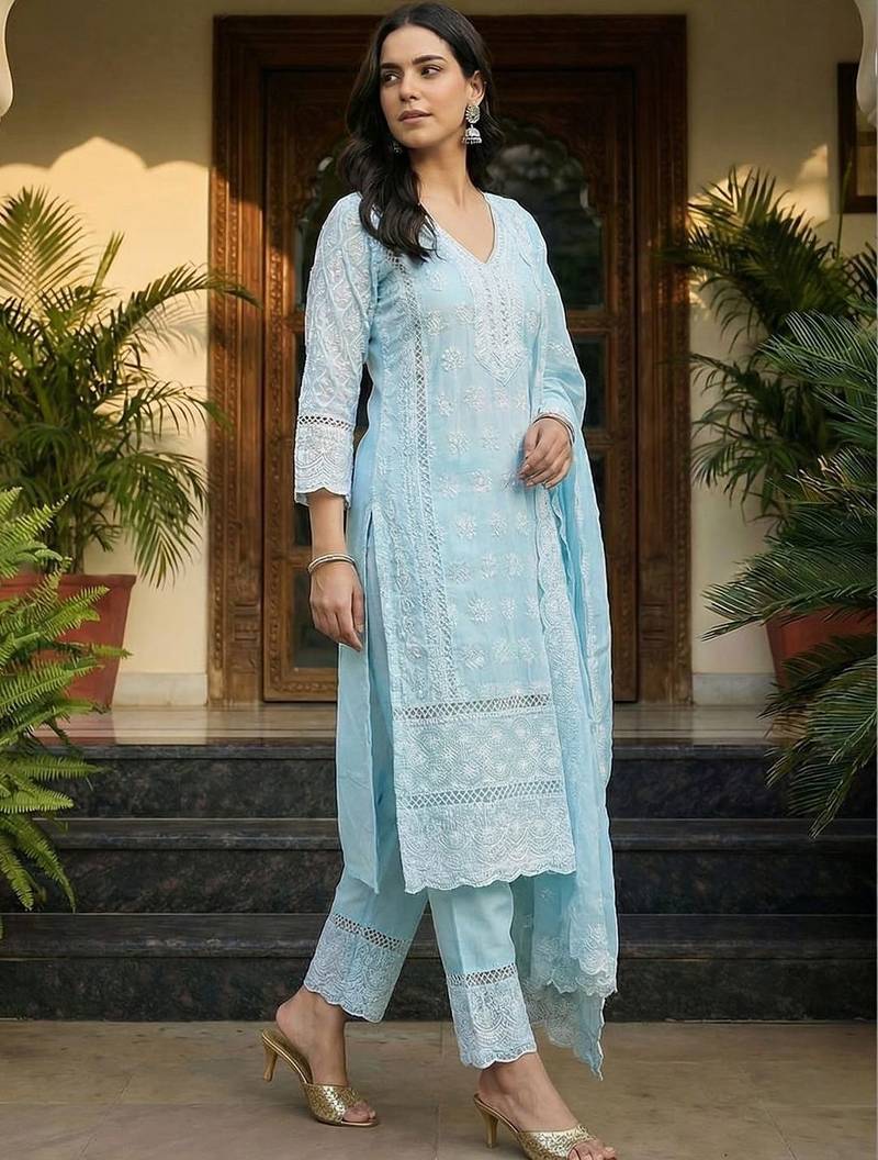 Women Ethnic Motifs Embroidered Regular Chikankari Pure Cotton Kurta with Trousers & With Dupatta