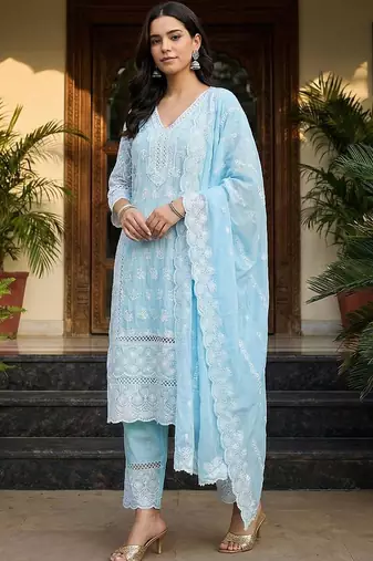 Women Ethnic Motifs Embroidered Regular Chikankari Pure Cotton Kurta with Trousers & With Dupatta