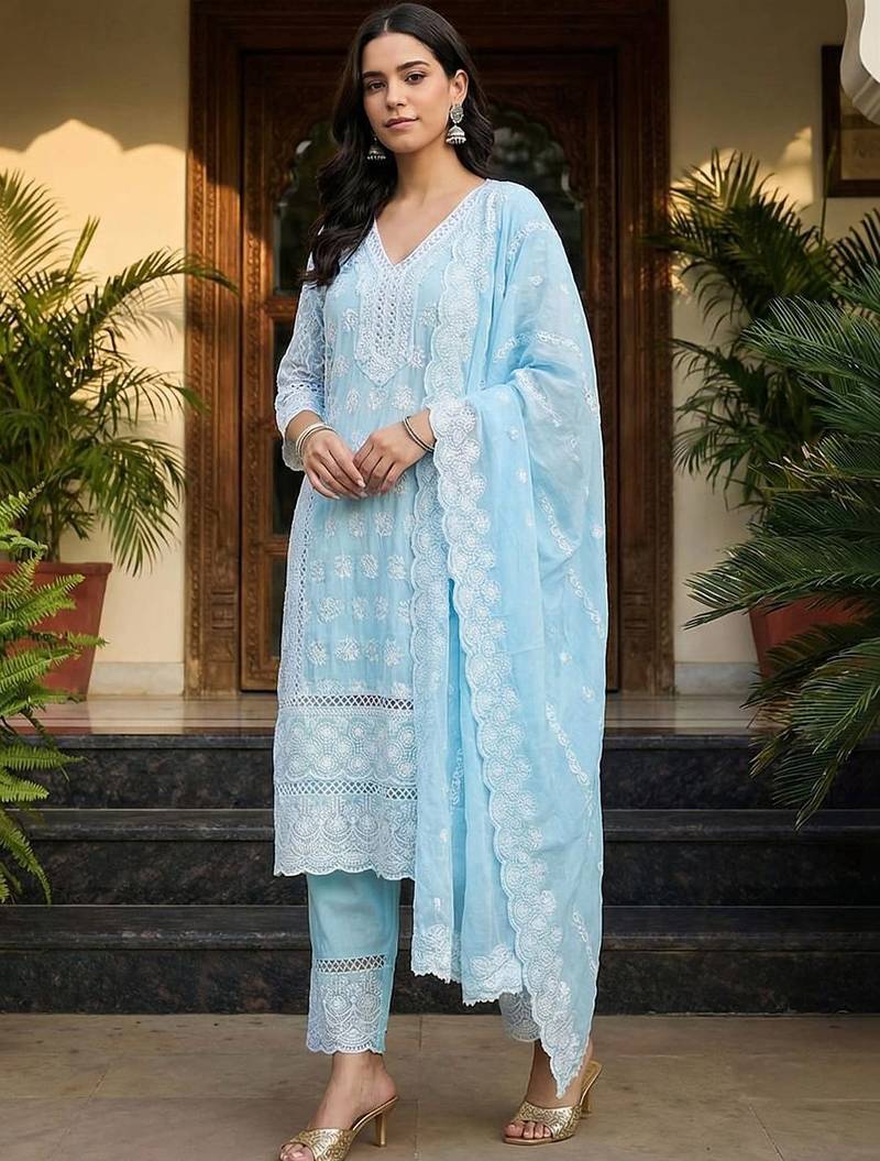 Women Ethnic Motifs Embroidered Regular Chikankari Pure Cotton Kurta with Trousers & With Dupatta