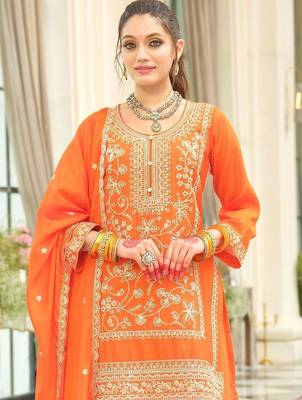 Ethnic Motifs Embroidered Round Neck Thread Work Kurta With Patiala & Dupatta 2
