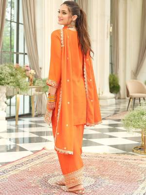 Ethnic Motifs Embroidered Round Neck Thread Work Kurta With Patiala & Dupatta 3