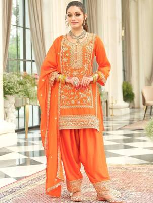 Ethnic Motifs Embroidered Round Neck Thread Work Kurta With Patiala & Dupatta 4