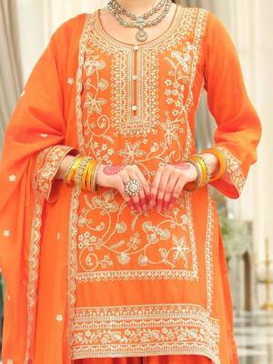 Ethnic Motifs Embroidered Round Neck Thread Work Kurta With Patiala & Dupatta 5