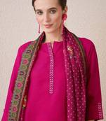 Floral Yoke Design Notch Neck Thread Work Straight Kurta With Trousers & Dupatta