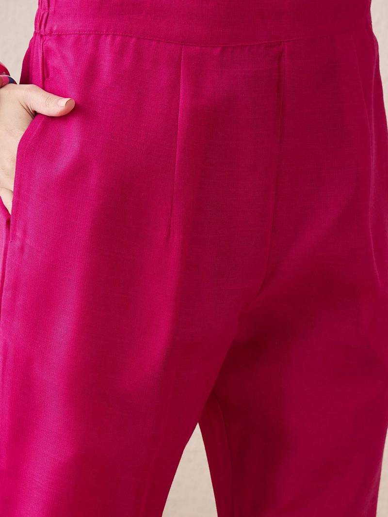 Floral Yoke Design Notch Neck Thread Work Straight Kurta With Trousers & Dupatta
