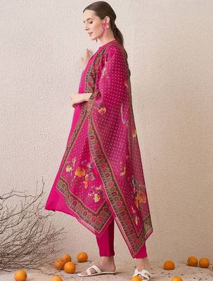 Floral Yoke Design Notch Neck Thread Work Straight Kurta With Trousers & Dupatta 5