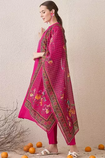 Floral Yoke Design Notch Neck Thread Work Straight Kurta With Trousers & Dupatta