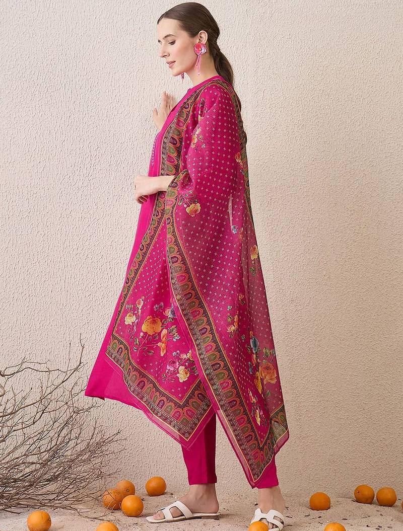 Floral Yoke Design Notch Neck Thread Work Straight Kurta With Trousers & Dupatta