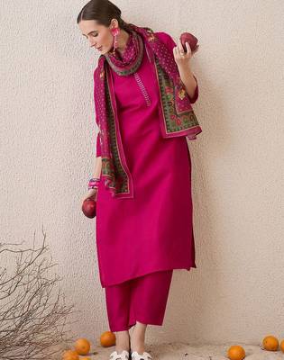 Floral Yoke Design Notch Neck Thread Work Straight Kurta With Trousers & Dupatta 6