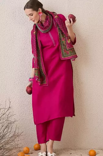Floral Yoke Design Notch Neck Thread Work Straight Kurta With Trousers & Dupatta