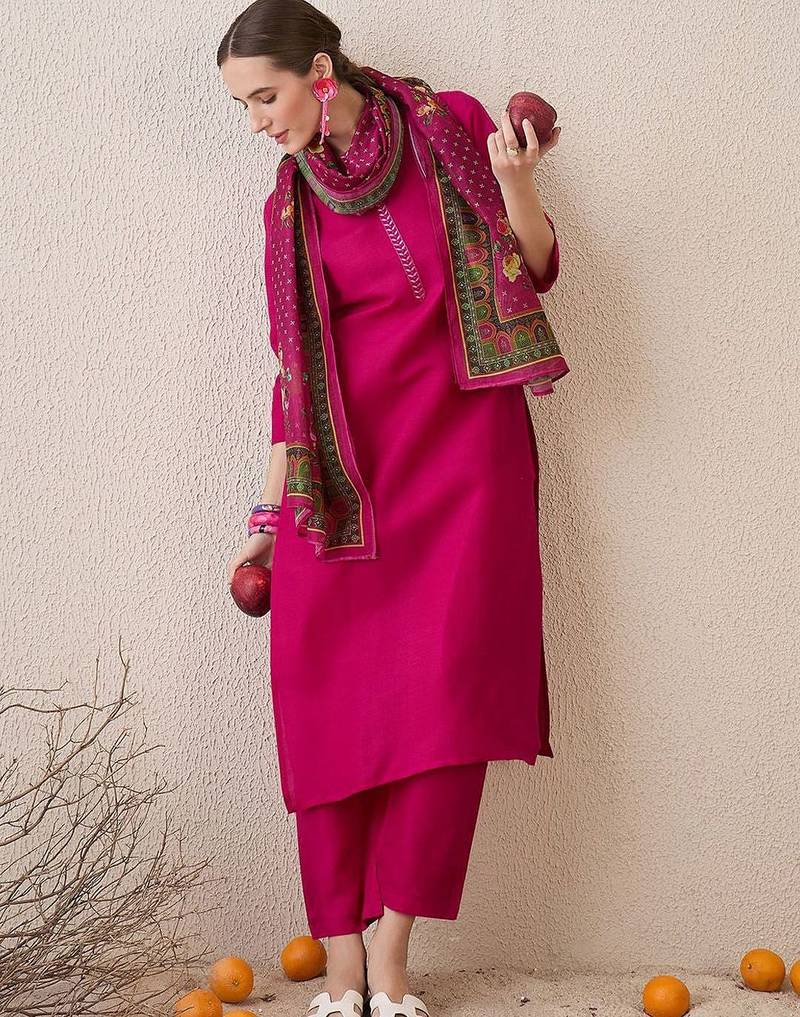 Floral Yoke Design Notch Neck Thread Work Straight Kurta With Trousers & Dupatta