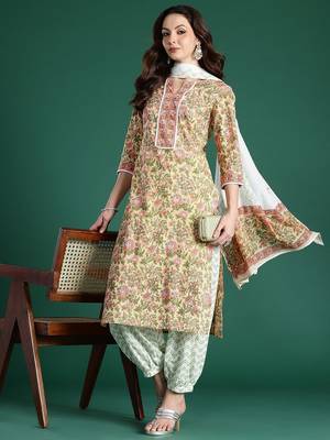 Floral Printed Pure Cotton Kurta with Salwar & With Dupatta 1