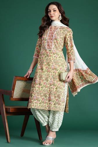Floral Printed  Cotton Kurta with Salwar & With Dupatta