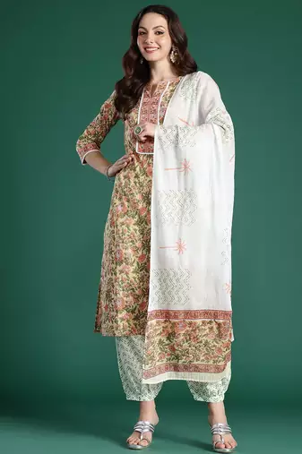Floral Printed Pure Cotton Kurta with Salwar & With Dupatta
