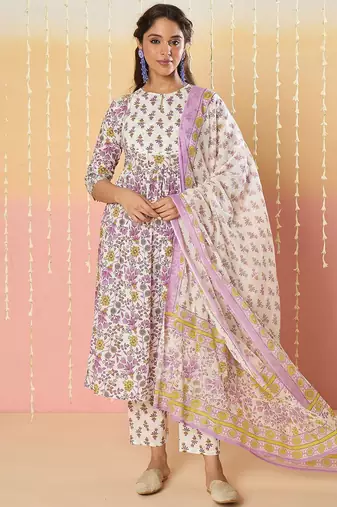 Floral Printed Key Hole Neck Pure Cotton Kurta With Trousers & Dupatta